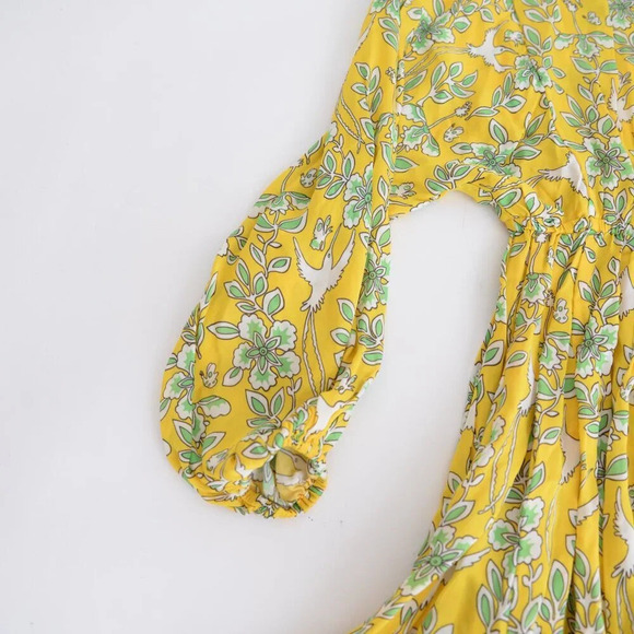 Rhode Resort Ella Printed Long-Sleeve Yellow Floral w Bird Motif Midi Dress M - Picture 7 of 12